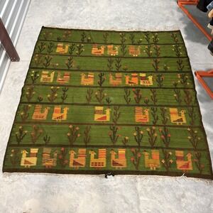 Vintage Rare 70s Cepelia Handwoven Polish Folk Art Rooster Bird Green wool Rug